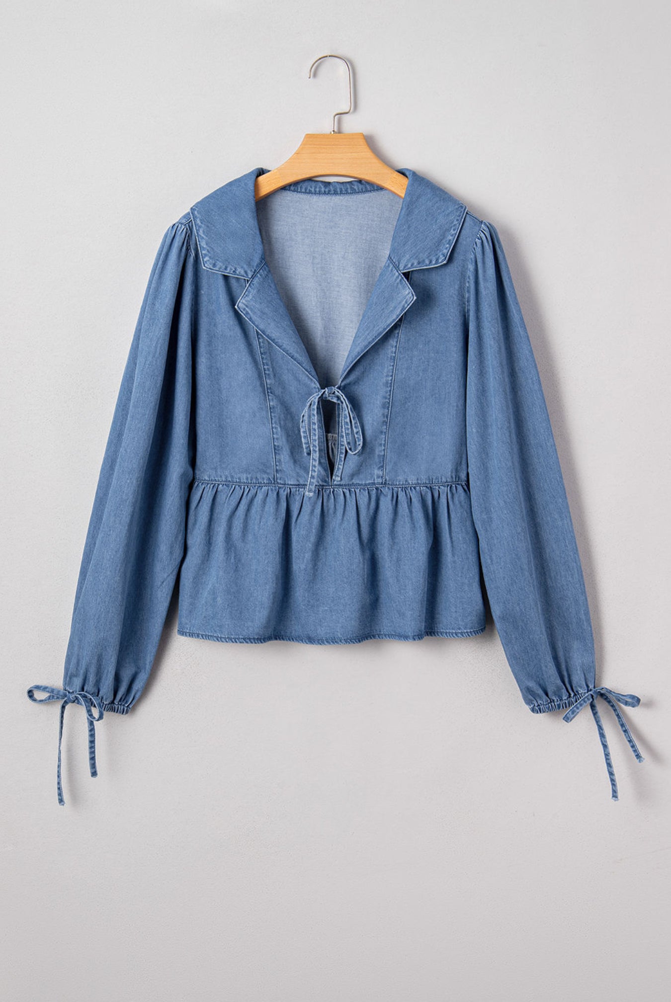 dusk blue denim balloon sleeve tied top