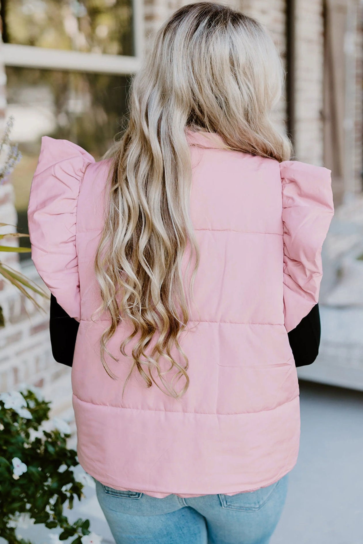 Pink puffer vest with puff sleeves