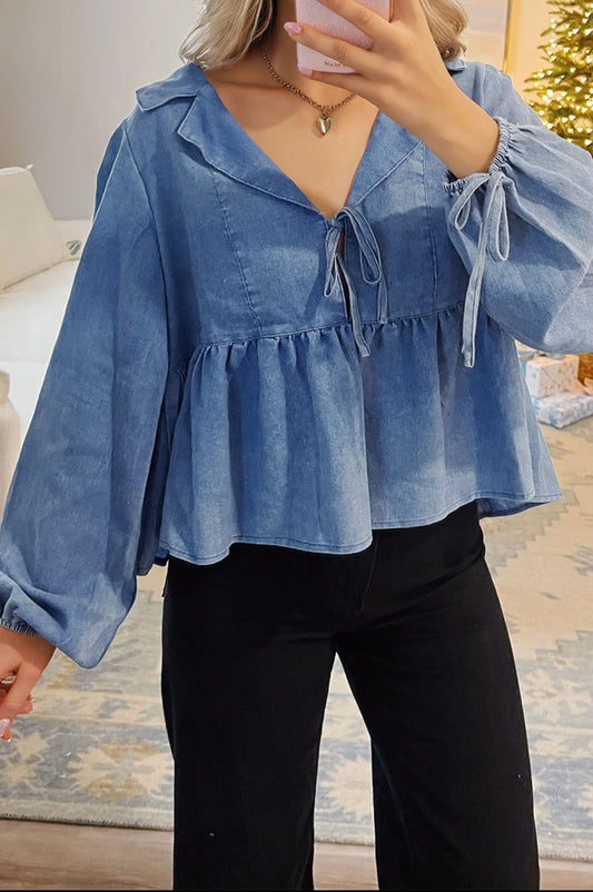 dusk blue denim balloon sleeve tied top