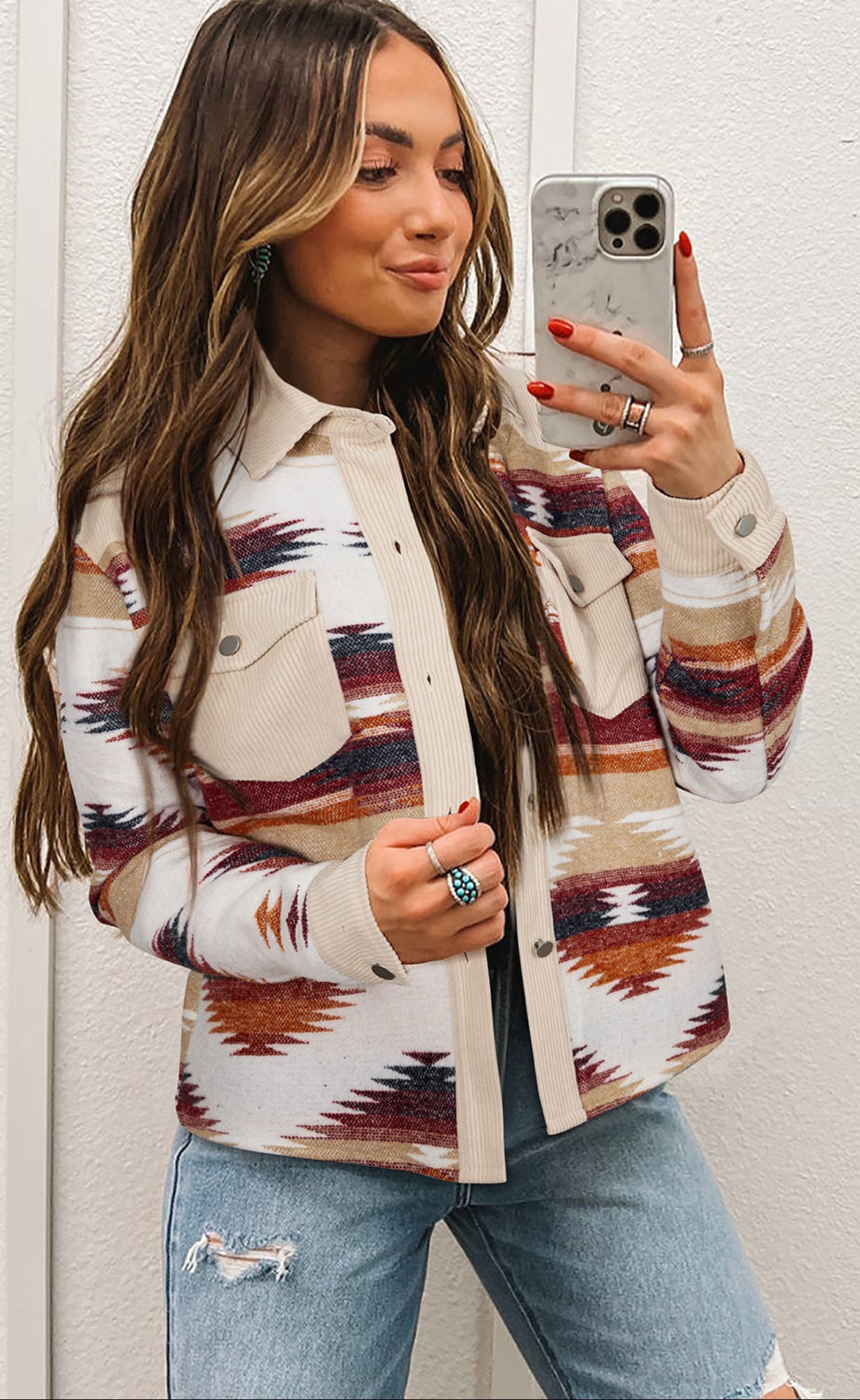 Western Aztec Ribbed Patchwork shacket