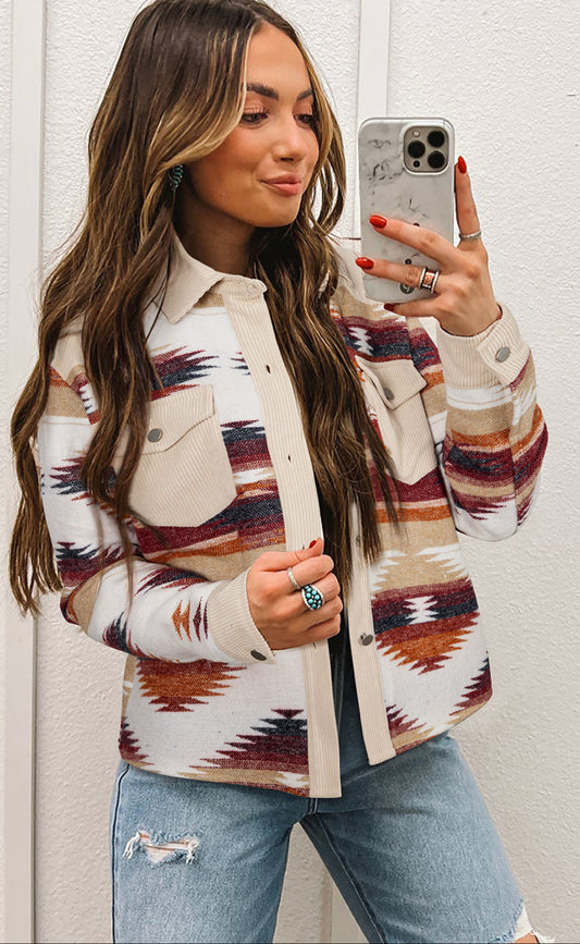 Western Aztec Ribbed Patchwork shacket