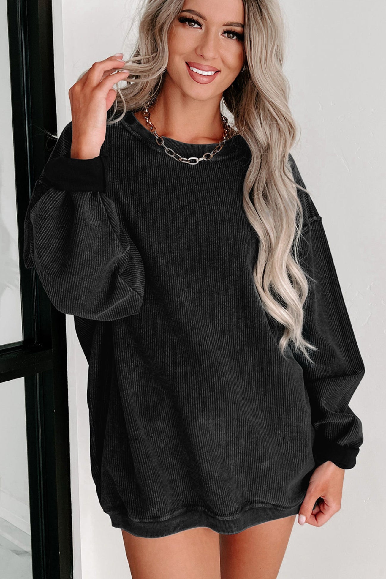 solid ribbed knit sweatshirt