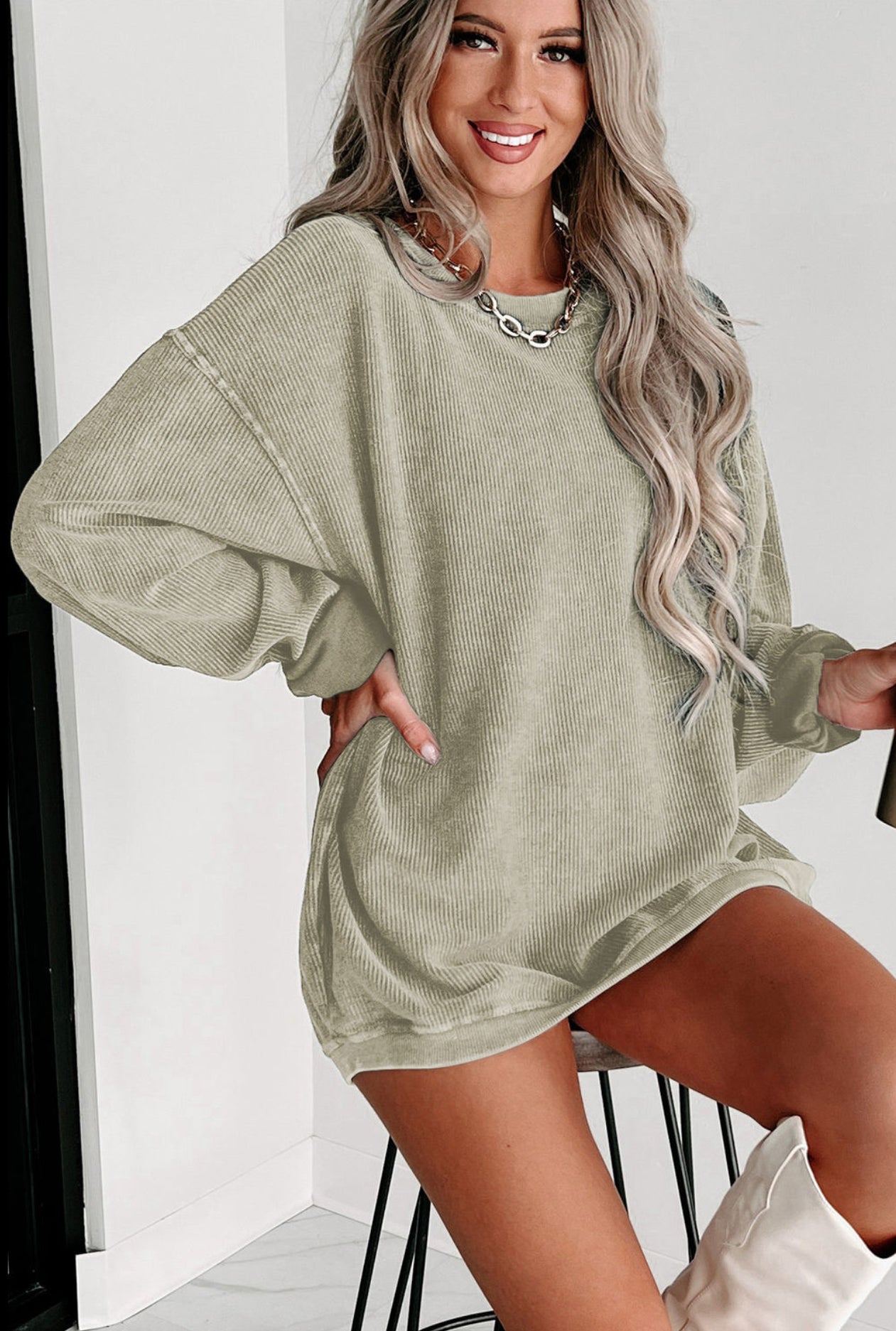 solid ribbed knit sweatshirt