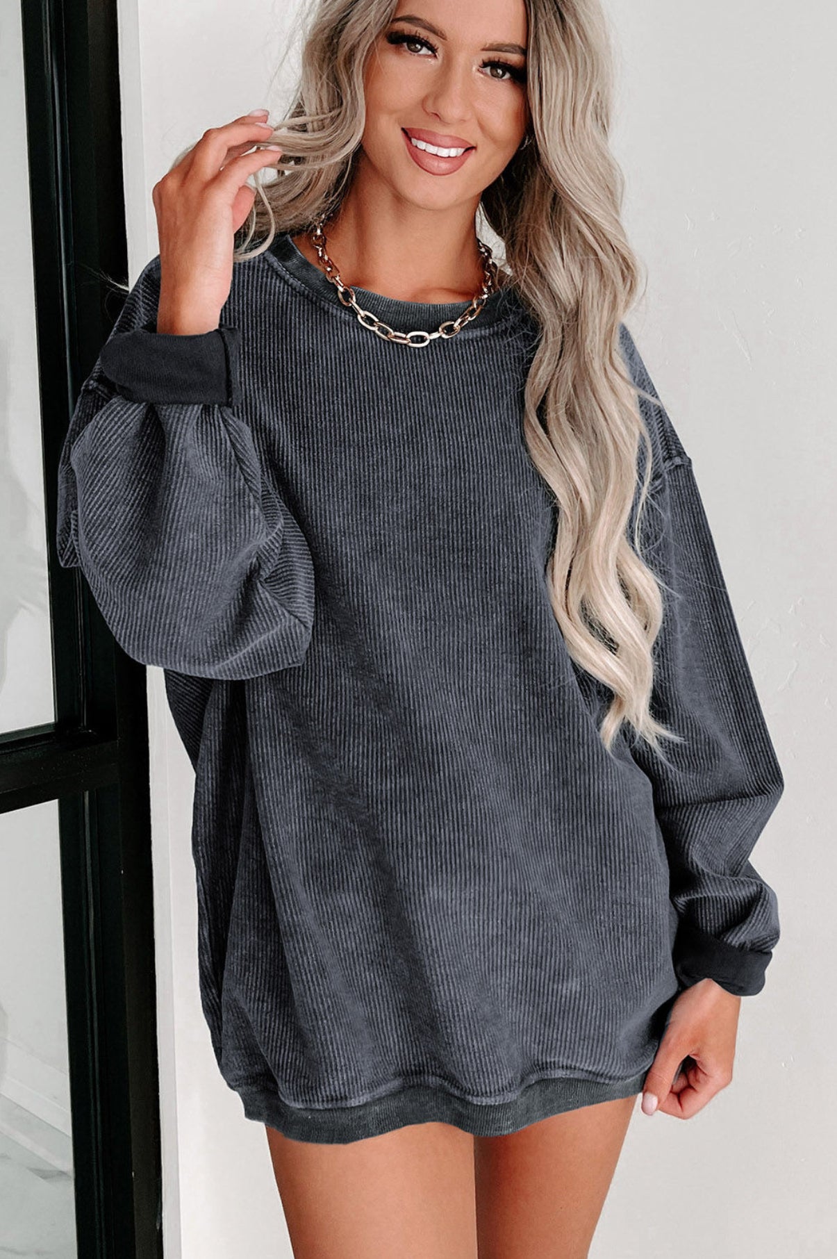 solid ribbed knit sweatshirt