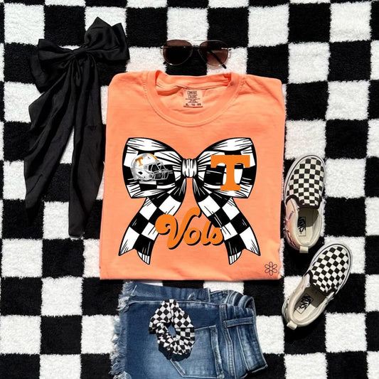 checkered VOLS bow tee